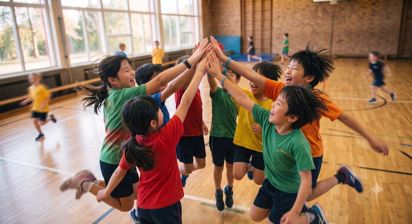 みんなでハイタッチする子どもたち(体育館での活動のようす)