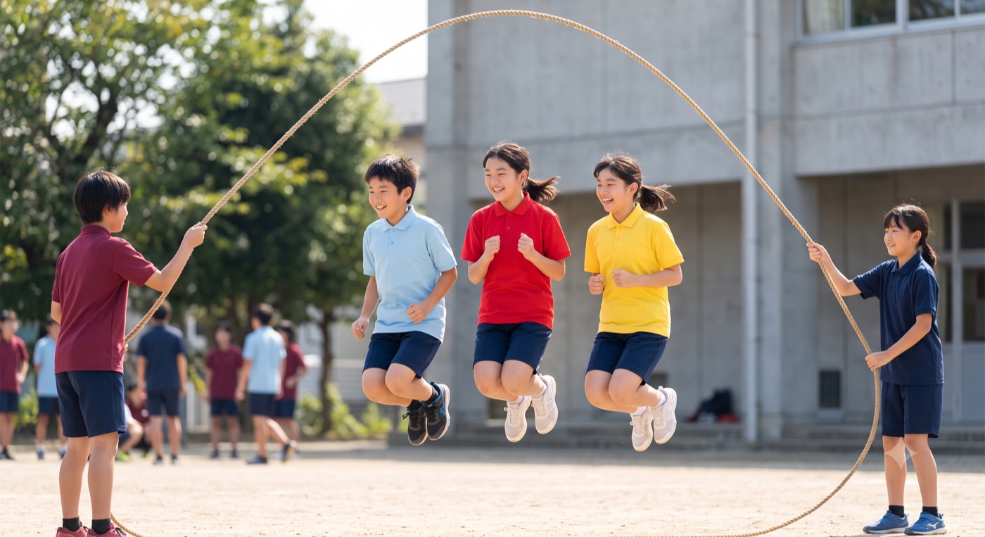校庭で大なわとびをする子どもたち